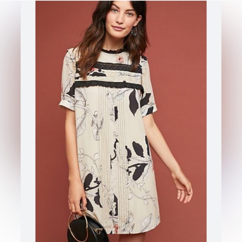 Vineet Bahl Anthropologie Ines Floral Tunic Dress Cream Black